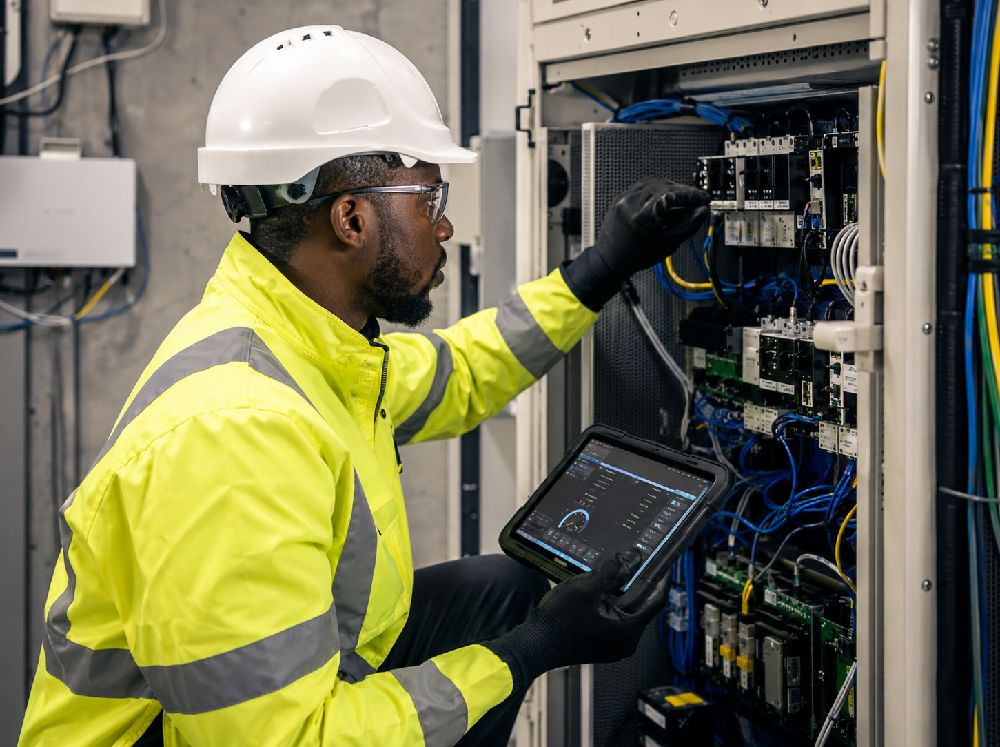 Low-voltage technician working on network cabinet